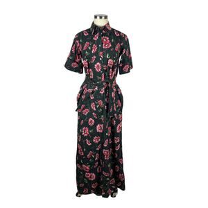 ADAM LIPPES Black Pink Floral Button‎ Down Belted Shirt Dress Midi Long Cotton